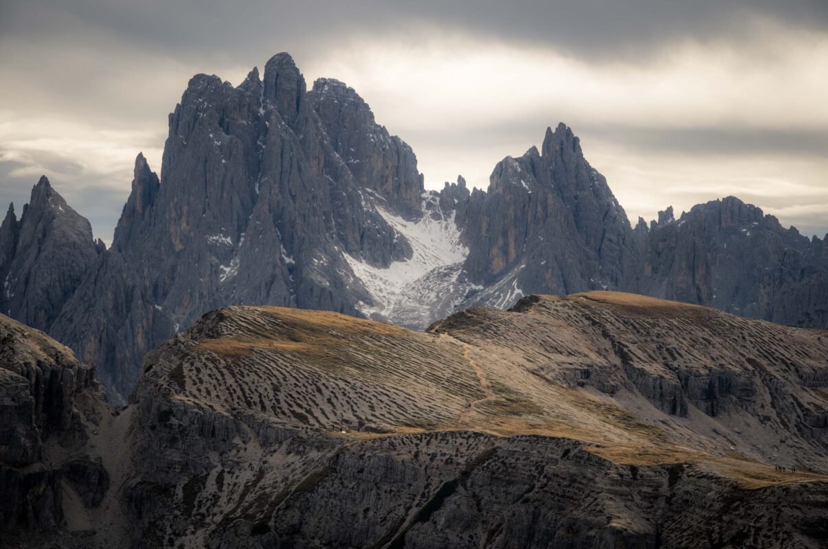 Hiking trail along the Tre Cime with mountain landscape
