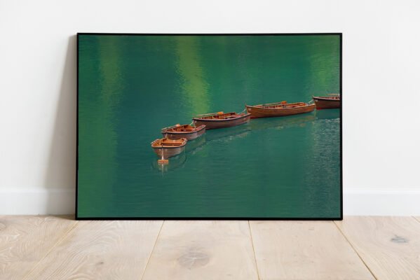 fine art print of rowing boats on emeral lake