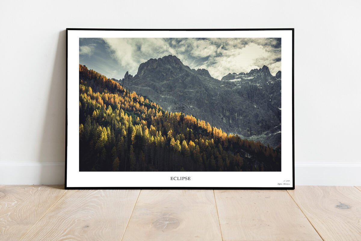 fine art print of nicely lit mountain ridge with yellow larches