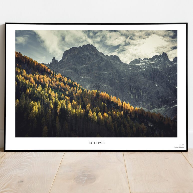 fine art print of nicely lit mountain ridge with yellow larches