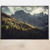 fine art print of nicely lit mountain ridge with yellow larches