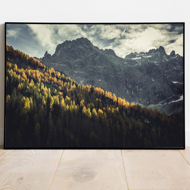 fine art print of nicely lit mountain ridge with yellow larches