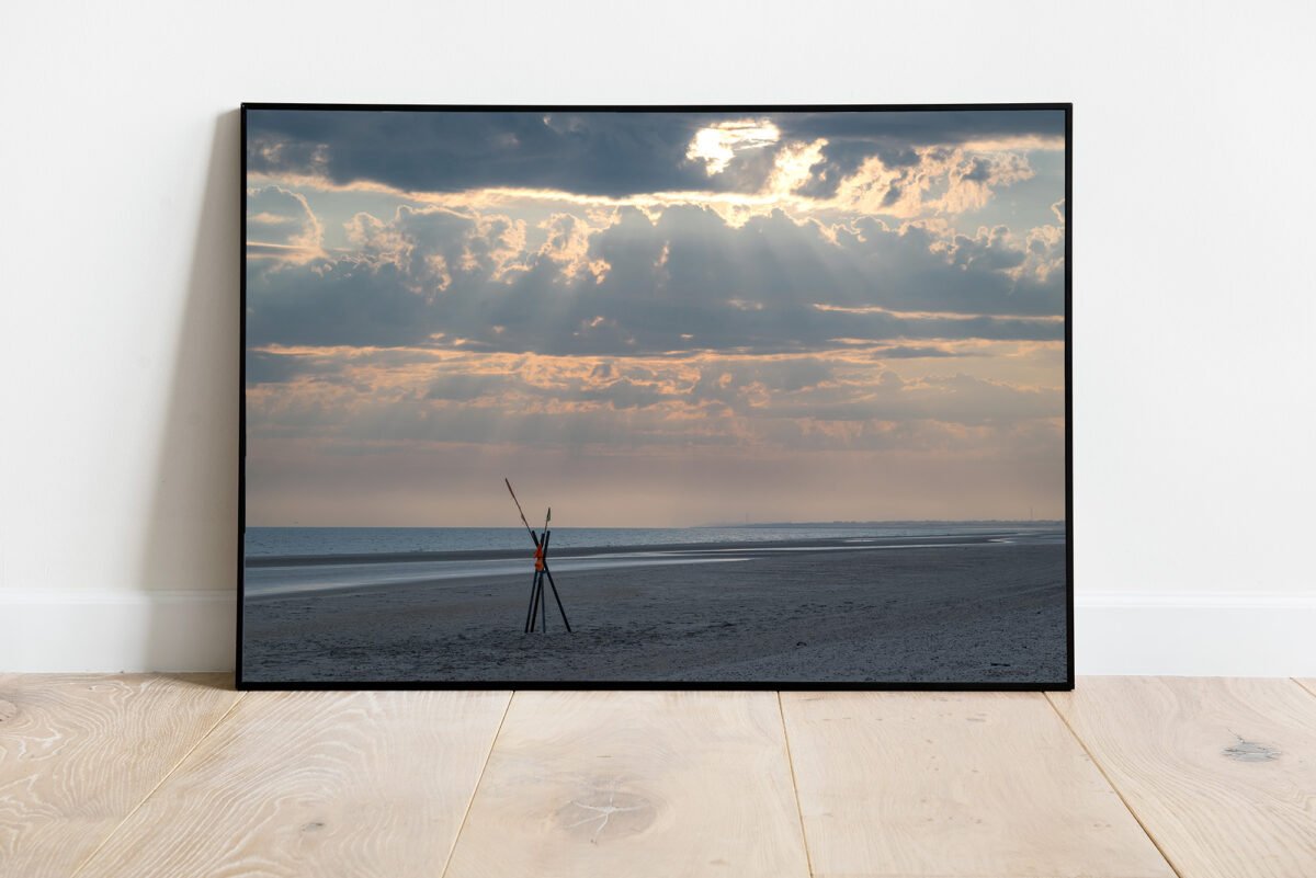 fine art print of stick on the beach at sunset