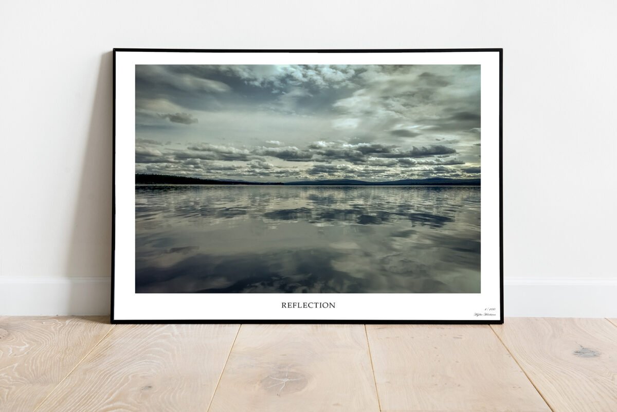 fine art print of a calm lake with clouds reflection
