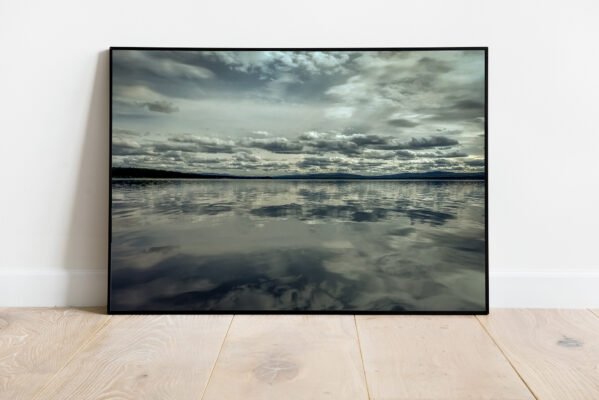 fine art print of a calm lake with clouds reflection