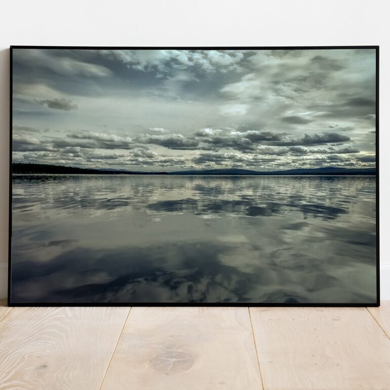 fine art print of a calm lake with clouds reflection