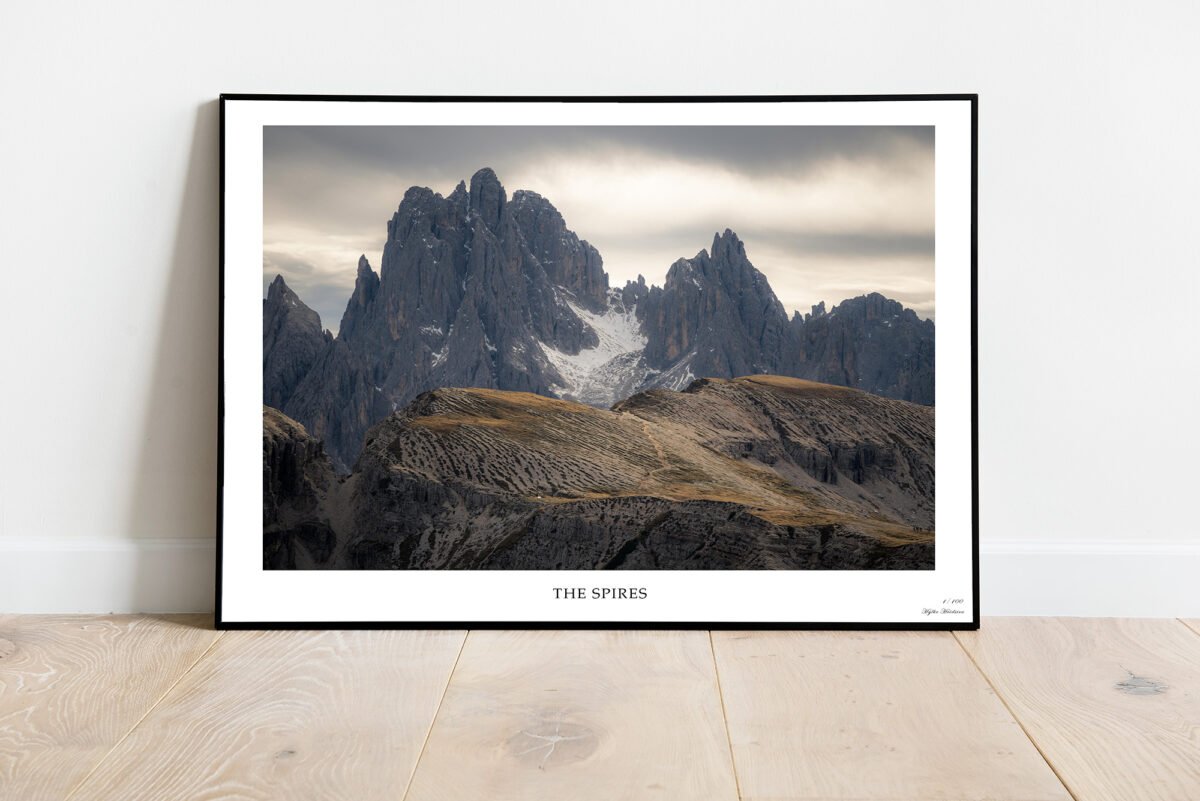 fine art print of ruggest mountain peaks in the Dolomites