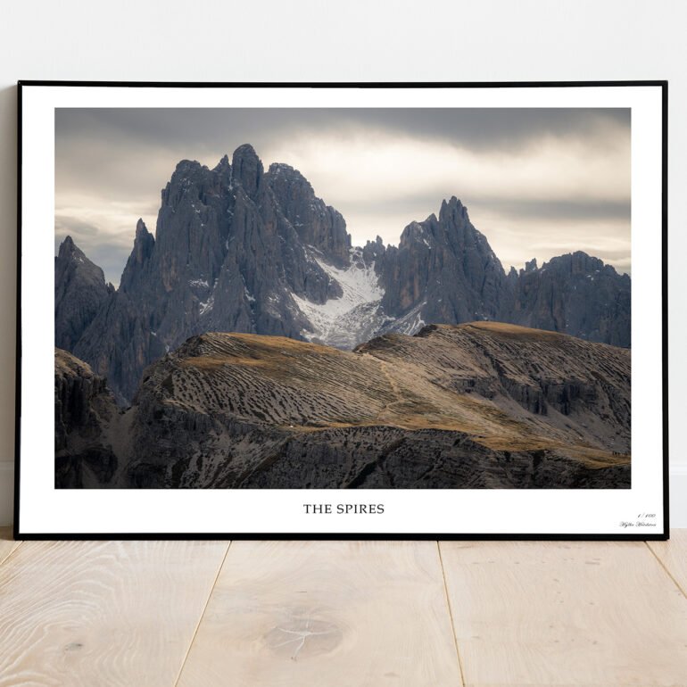 fine art print of ruggest mountain peaks in the Dolomites