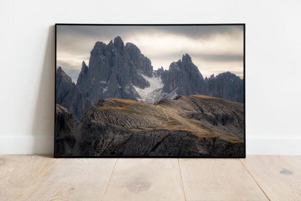 fine art print of ruggest mountain peaks in the Dolomites
