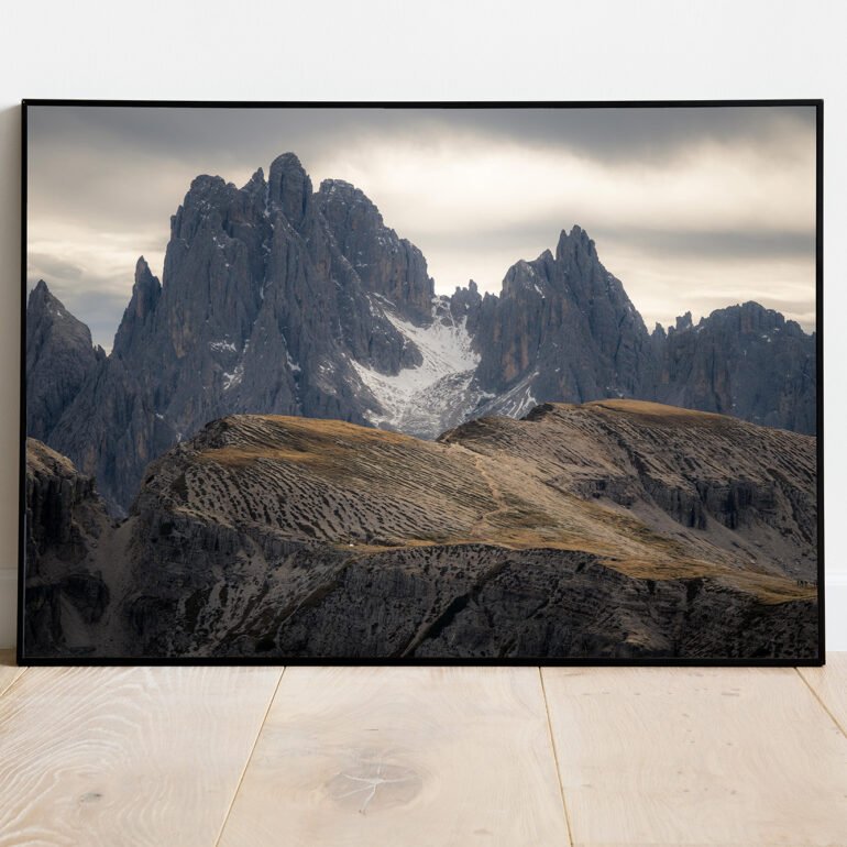 fine art print of ruggest mountain peaks in the Dolomites