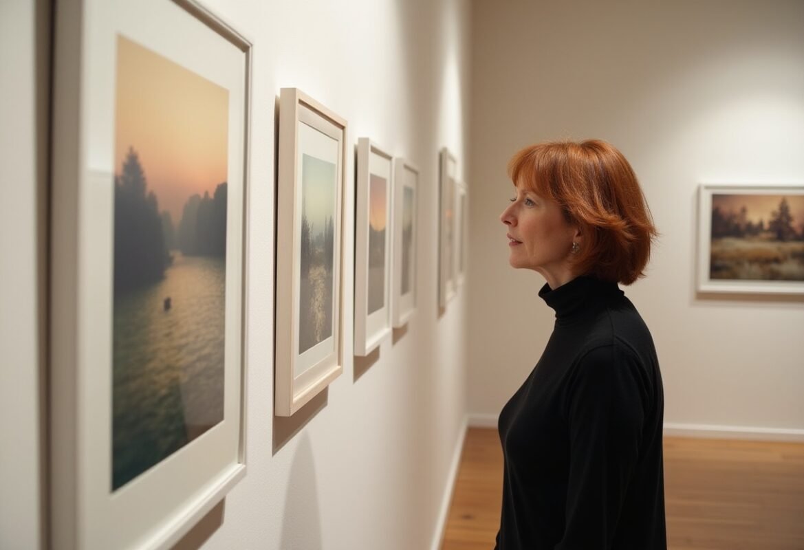 Woman looking at a fine art print in a gallery