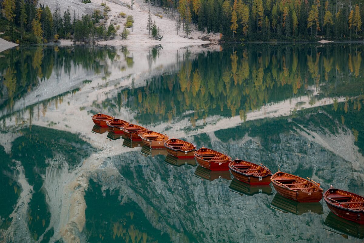 autumn at lago di braies in Dolomites