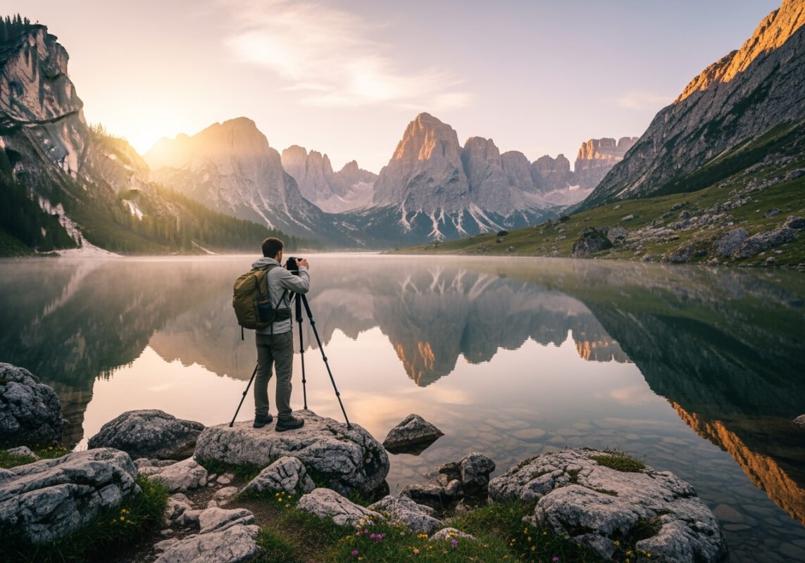 landscape photographer at sunrise in Dolomites