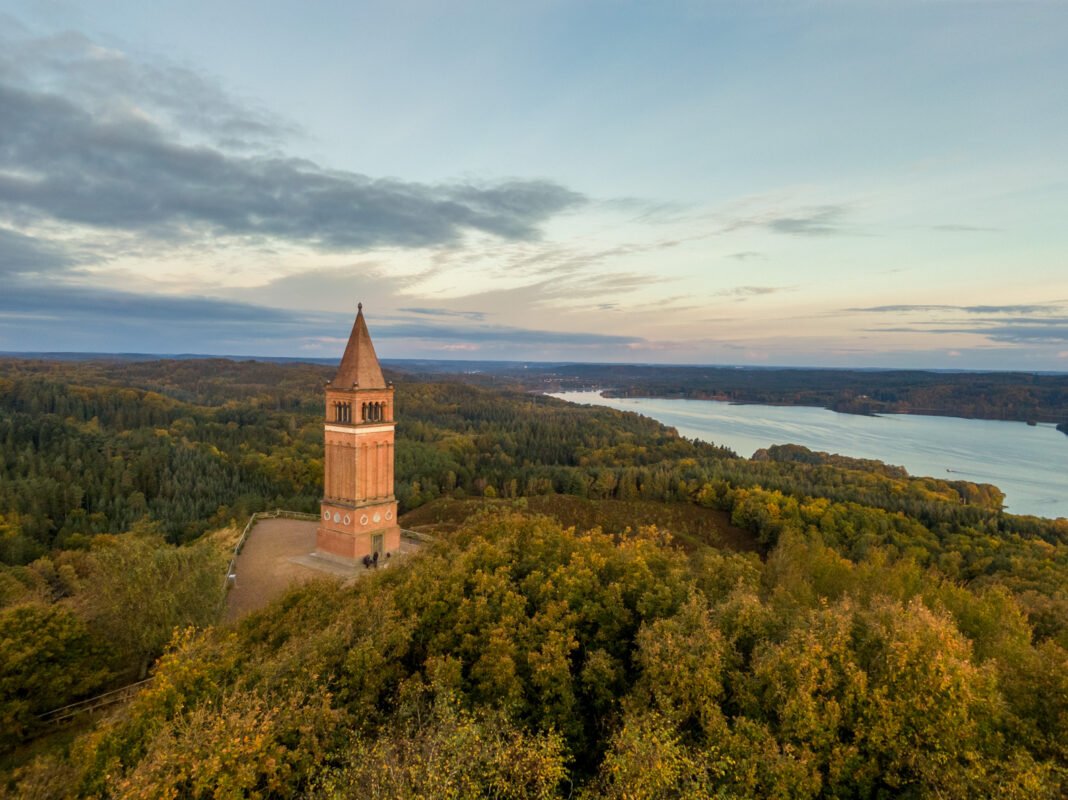 Silkeborg lakes morning mist drone perspective autumn colours