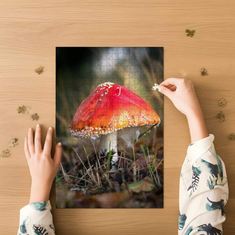 puzzel van paddenstoel rood met witte stippen