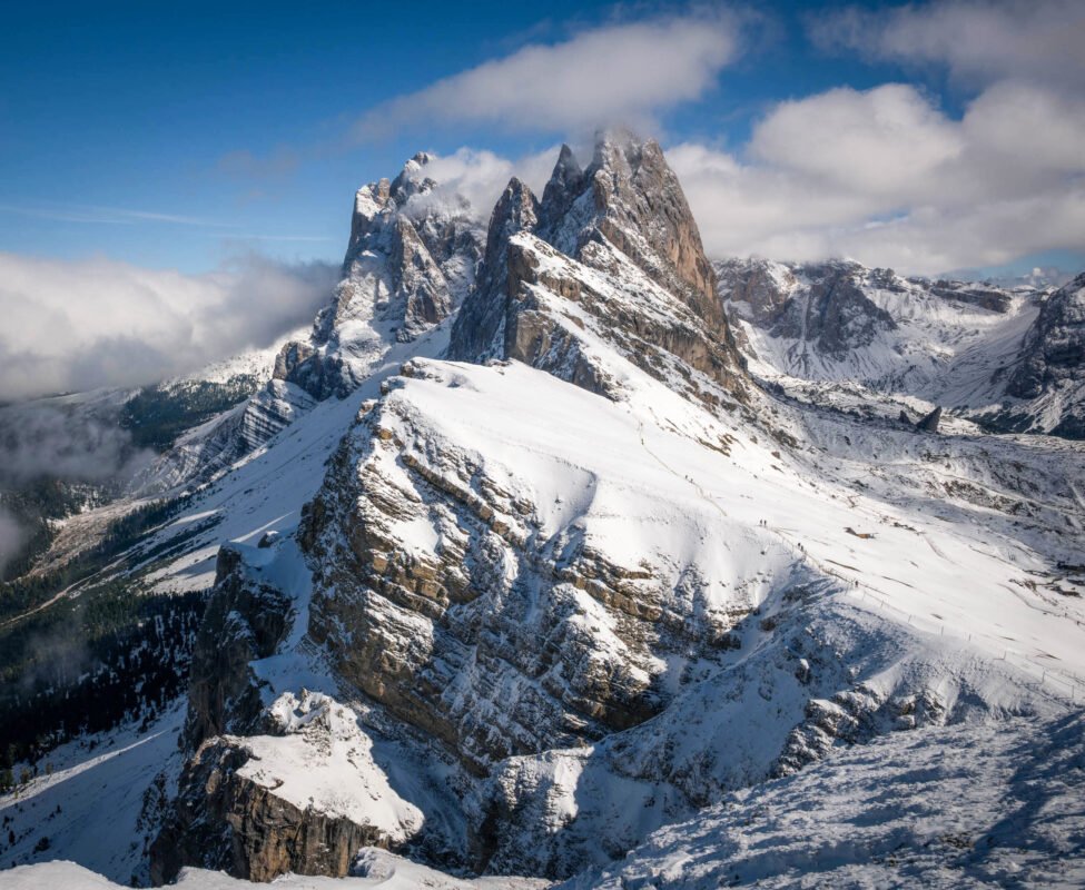 Seceda Fermeda Towers Dolomites snow October