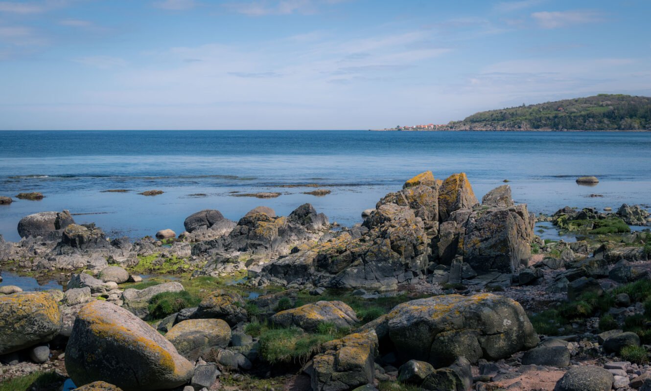 Overview rocky coast and sea at Helligdomsklipperne