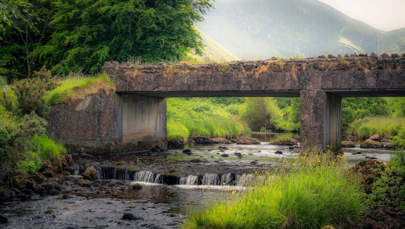 Wooden bridge at the entrance of Glanteenassig Forest Park with moss-covered trees