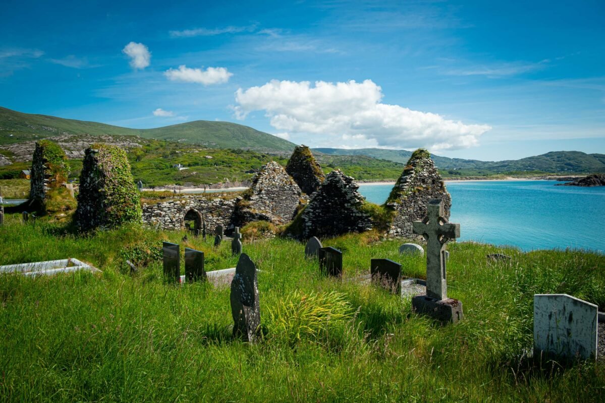 Ancient gravestones and Celtic crosses in the cemetery of Abbey Island