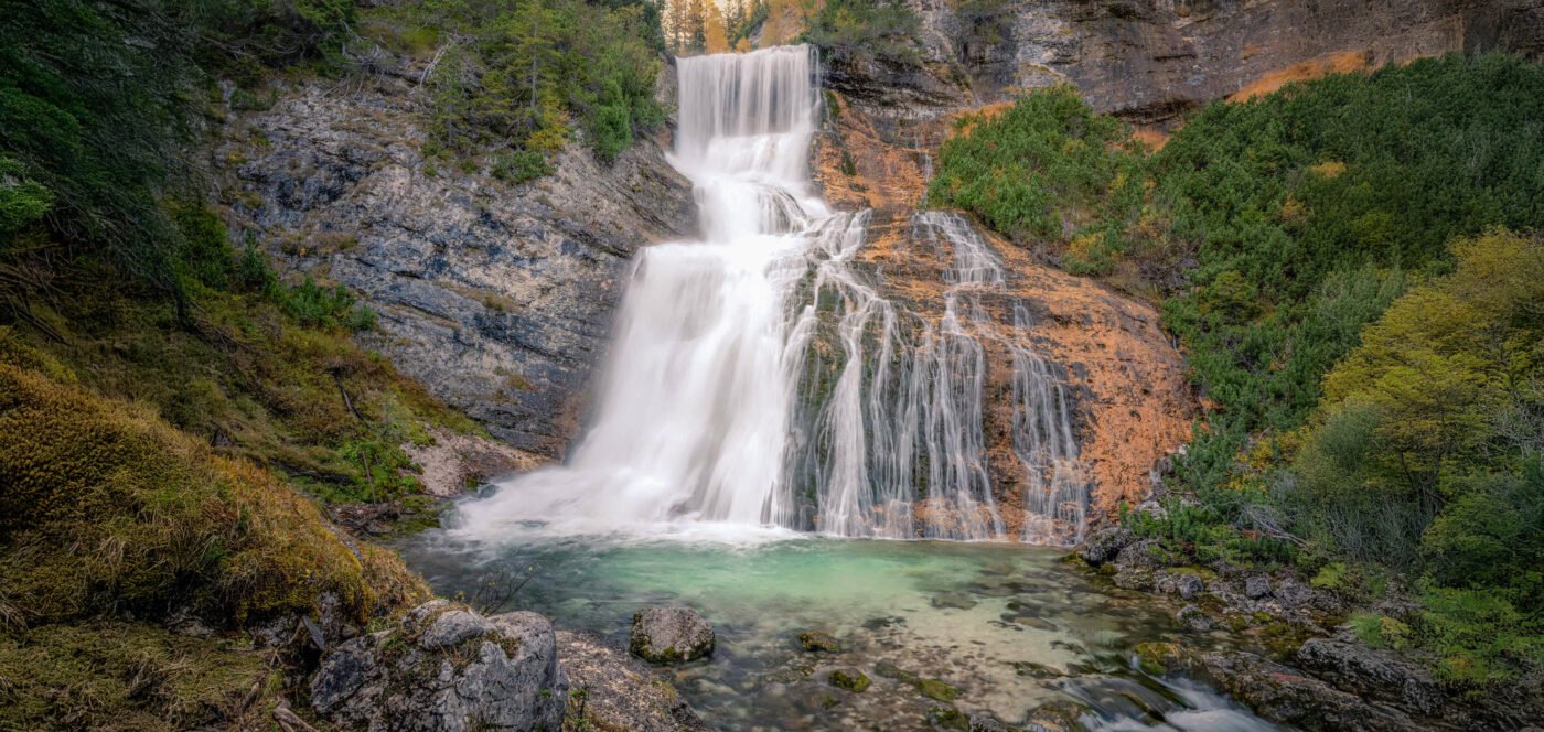 Panorama of the Cascate di Fanes waterfalls in the Dolomites